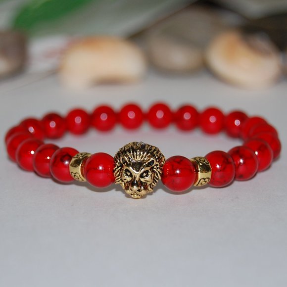 Lion Bracelet,Red Howlite Bracelet, 8mm Gemstone Beads,Red Lion Bracelet - Picture 1 of 3